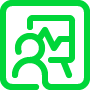 Symbol einer Person und eines Diagramms mit einer steigenden Linie innerhalb eines Quadrats, alles in hellem Grün.